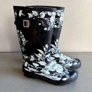 NORTY Black Floral Mid Calf Hurricane Rainboots Wellies Women Size 8 Outdoor